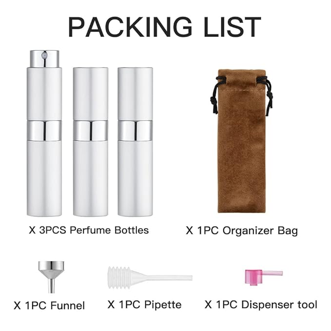 LISAPACK 8ML Atomizer Perfume Spray Bottle for Travel (3 PCS) Empty Cologne Dispenser, Portable Sprayer (Silver)