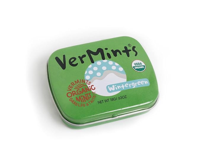 VerMints Organic Breath Mints Wintergreen - Real Long-Lasting Refreshment, Travel Size Tin - Non-GMO, Vegan, Nut Free, Gluten Free & Kosher Organic Candy Mints- .63oz/18g Tins (Pack of 12)