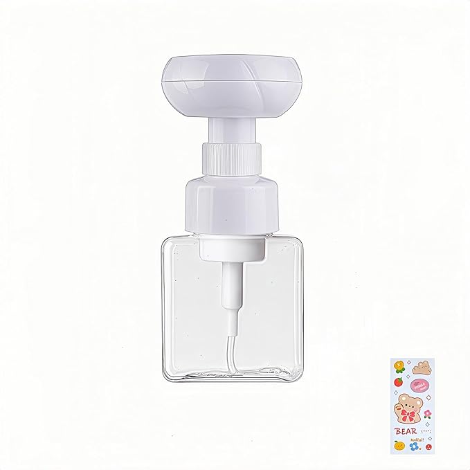 Flower Foam Dispenser Pump Bottle-250ml Reusable Plastic Soap Dispenser for Shampoo, Hand Soap&Bath, Includes Cute Stickers, Perfect for Kids Bathroom Or Kitchen (Transparent)