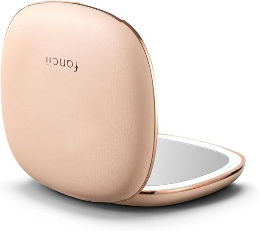 Fancii Mila 2 Compact Makeup Mirror with LED Light, Rechargeable, 10x /1x Magnifying, Tru-Glow Lighting System, Vegan Leather, Small Travel Mirror for Purses (Champagne Cream)