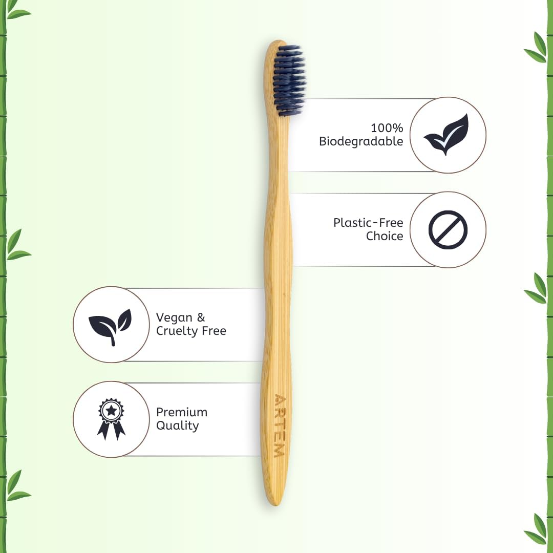 ARTEM Bamboo Toothbrush with Soft Bristles – Eco-Friendly, Biodegradable & Compostable – Natural Wooden Toothbrush for Adults & Kids – Plastic-Free Oral Care (Pack of 10)