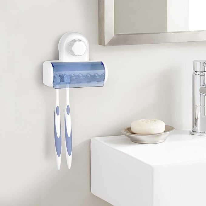 2 PCS Self Adhesive Toothbrush Holder with Cover for Bathroom, 5-Slot Wall Mounted Toothbrush Organizer Rack for Shower, Dorm, Cabinet