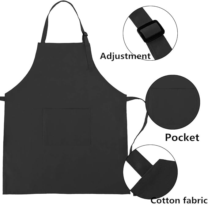 Kids Apron and Chef Hat Set, Adjustable Cotton Child Aprons with Large Pocket Black Girls Boys Kitchen Bib Aprons for Cooking Baking Painting