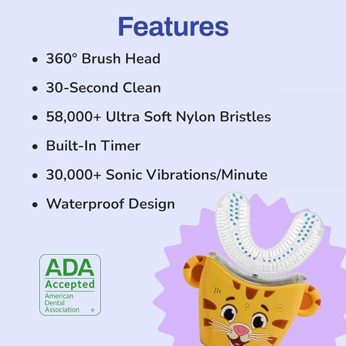autobrush Kids Electric Toothbrush – Only ADA Accepted U-Shaped Toothbrush, Clinically Proven Up to 5.1X Better Cleaning, 30 Seconds, Full-Mouth 360 Coverage, LED Lights, Music, Age 9-12, Daniel Tiger