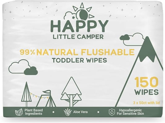 Happy Little Camper Natural Flushable Wipes - Hypoallergenic Wet Wipes with Aloe Vera, Chamomile and Pomegranate Extract - Unscented Baby Wipes Safe for Sensitive Skin - 150 Count