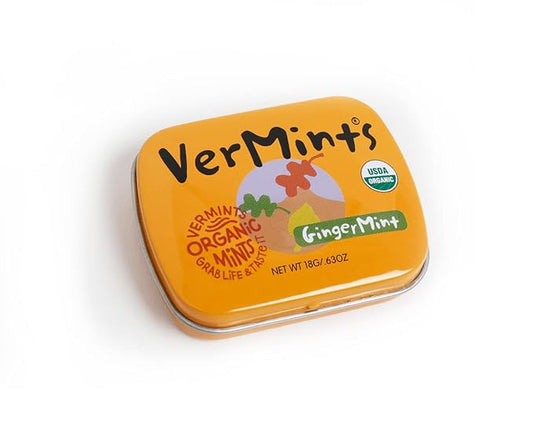 VerMints Organic Breath Mints GingerMint - Real Ginger Flavored Candies - Travel Size Tin - Non-GMO, Nut Free, Gluten Free, Vegan, Kosher & Organic Candy Mints - .63oz/18g (Pack of 12)