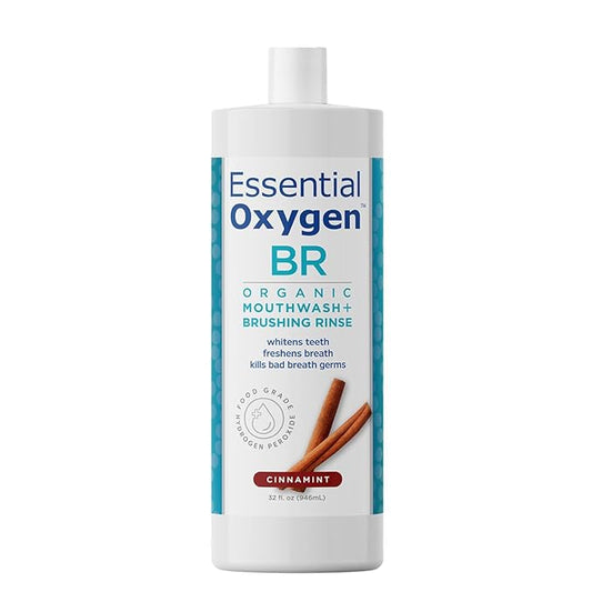 Essential Oxygen, BR Organic Brushing Rinse and Mouthwash, Cinnamint, 32 fl oz, for Whiter Teeth, Fresher Breath and Happier Gums, Alcohol-Free Oral Care (Pack of 1)