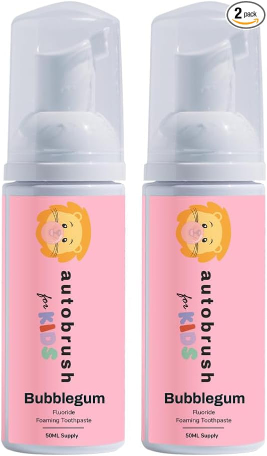 autobrush Fluoride Foaming Toothpaste for Kids, Bubblegum Flavor, Whitening & Deep Cleaning, Travel Friendly, Anti-Cavity (Pack of 2)