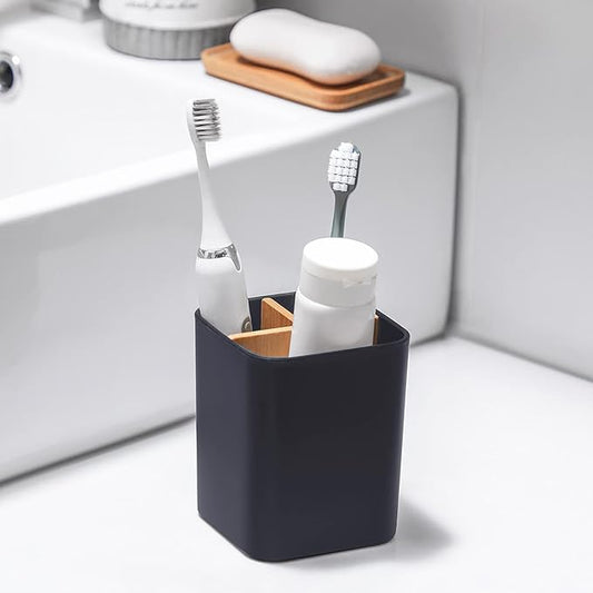 Bamboo Toothbrush Holder for Bathrooms, 3 Slots Toothbrush and Toothpaste Holder Bathroom Counter Organizer for Electric Toothbrushes, Floss, Razors - Cool Grey