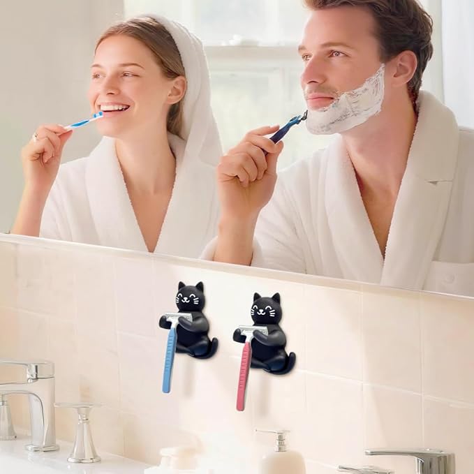 Cute Cat Waterproof Self-Adhesive Shower Hook Set, Funny Black Cat Razor Holder Bathroom Accessories for Men Women Cat Lover, Cat Lover Gifts for Women Men, Black Cat Bathroom Decor