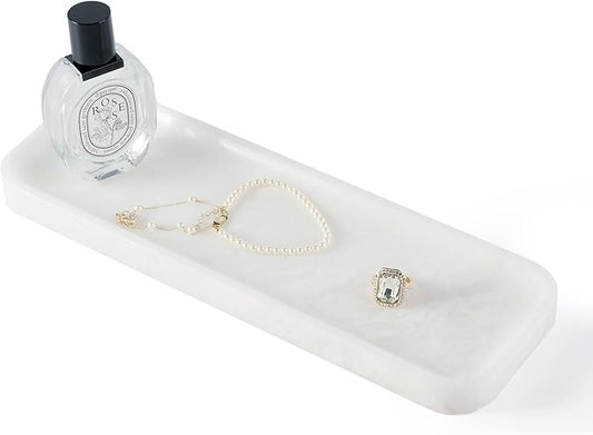 Koville Marble Tray for Bathroom Sink, 12"x4" Natural Stone Vanity Tray for Kitchen Dresser Countertop, Rectangular Decorative Marble Tray for Jewelry Perfume Trinket(White)