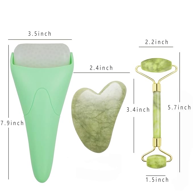 Chikoni 3 in 1 Ficial Face Ice Jade Roller and Gua Sha Tool, Natural Real Jade Anti-Wrinkle Face Eye Neck Massager Tool, Reduce Wrinkles, Puffiness, Migraine, Redness, Pain and Injury, Green