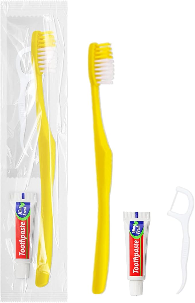 30pcs Disposable Toothbrushes with Toothpaste and Floss,Yellow Bulk Single Use Toothbrush Floss Pick Individually Wrapped Disposable Travel Toothbrushes Kit for Homeless,Airbnb,Hotel,Guest