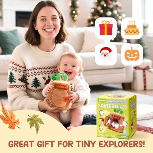 JoyCat Baby Toys 6-12 Months - Soft Baby Treehouse with 5 Sensory Squirrels - Rattle, Crinkle Paper, Squeaker, Mirror, Busy Montessori Soft Toys for Toddlers 0-3 Years Old - Christmas Birthday Gift