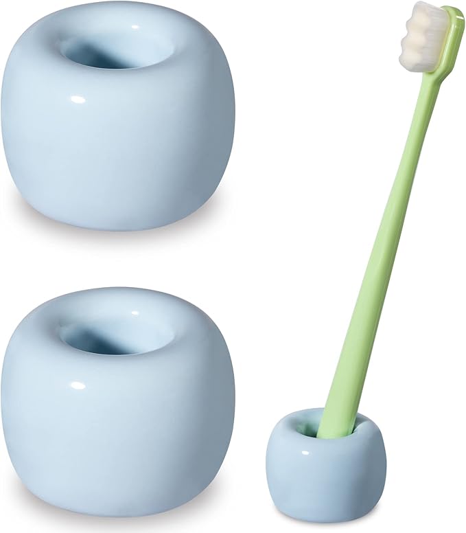 Urbanstrive Sleek Mini Ceramics Toothbrush Holder Stand for Bathroom Vanity Countertops, Light Blue, 2 Pack
