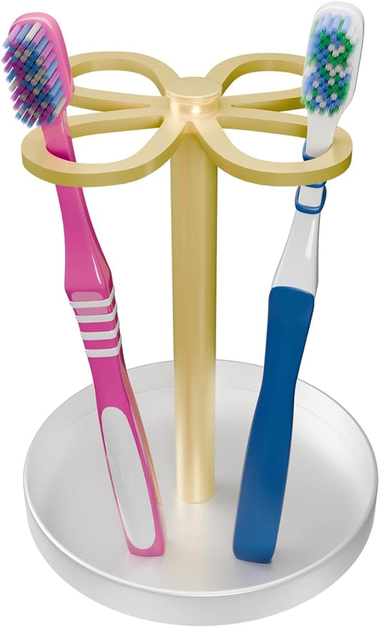 Metal Toothbrush Holders for Bathroom with 4 Slot Gold and White Tooth Brush Holder Stand and Non-Slip Base， Countertop Organizer for Family and Hotel，Compact Design