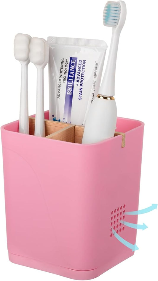 Electric Toothbrush Holder 3 Slots Tooth Brushing Holder with Bamboo Dividers for Bathrooms, Plastic Toothbrush and Toothpaste Organizer for Shower, Countertop, Vanity, Pink