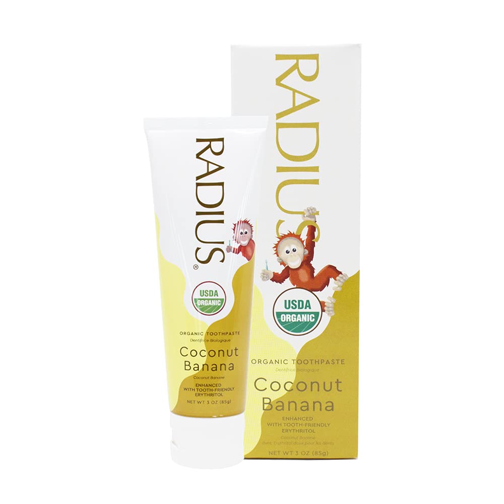 RADIUS USDA Organic Kids Toothpaste 3oz Non Toxic Chemical-Free Gluten-Free Designed to Improve Gum Health for Children's 6 Months and Up - Coconut Banana - Pack of 3