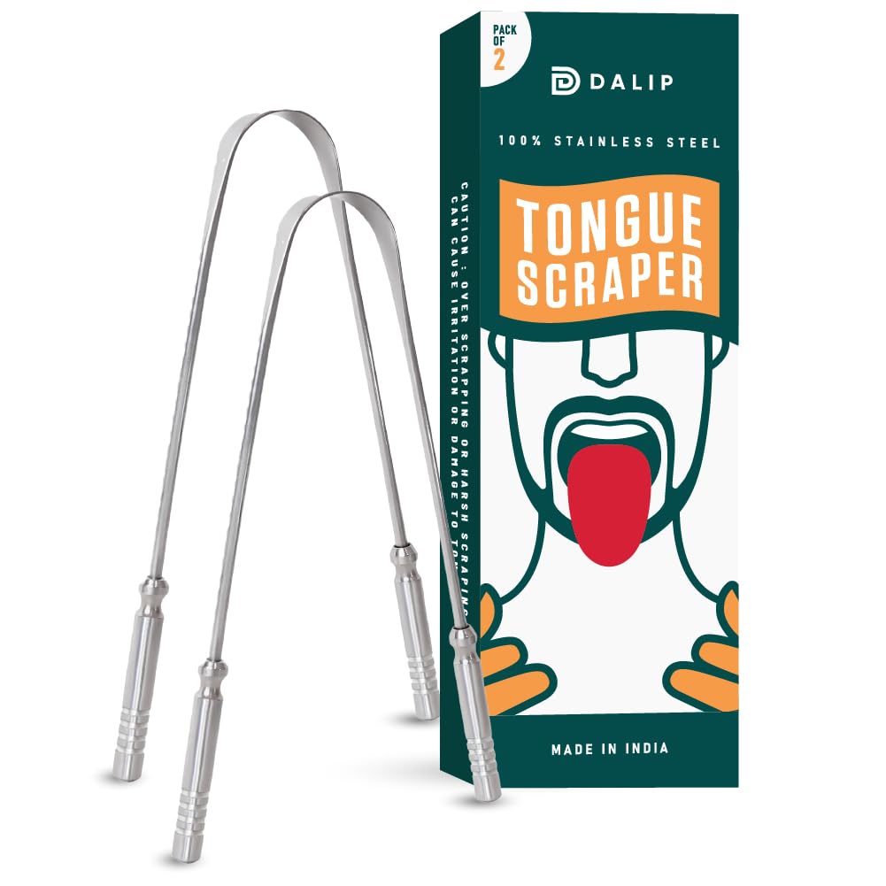 Dalip Tongue Scraper for Adults with Ergonomic Non-Slip Handle, Stainless Steel Tongue Cleaner, Reduces Bad Breath, Easy to Use Oral Care & Hygiene Tongue Scrubber (Pack of 2)
