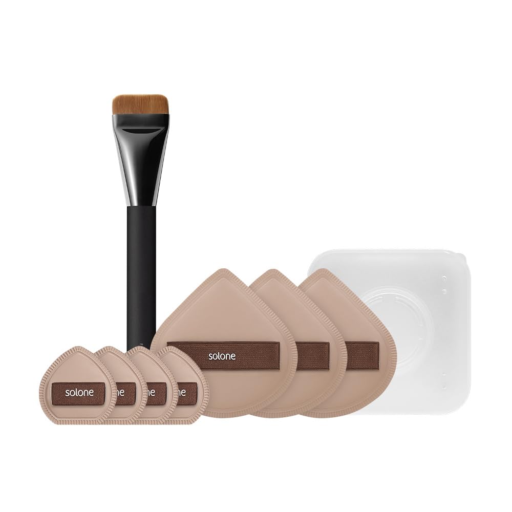Solone Foundation Brush + Soufflé Sponges Set – Flat Makeup Brush with Classic Sponge & Fingertip Sponge for Flawless Blending of Liquid Foundation, Concealer, and Cream Makeup