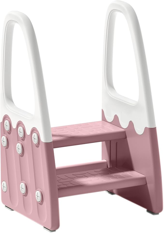 Two Step Stool with Handrails for Toddler and Kids, Standing Learning Stool Tower for Bathroom Sink, Potty Training, Children Step Up Learning Helper with Handles (Pink-White)