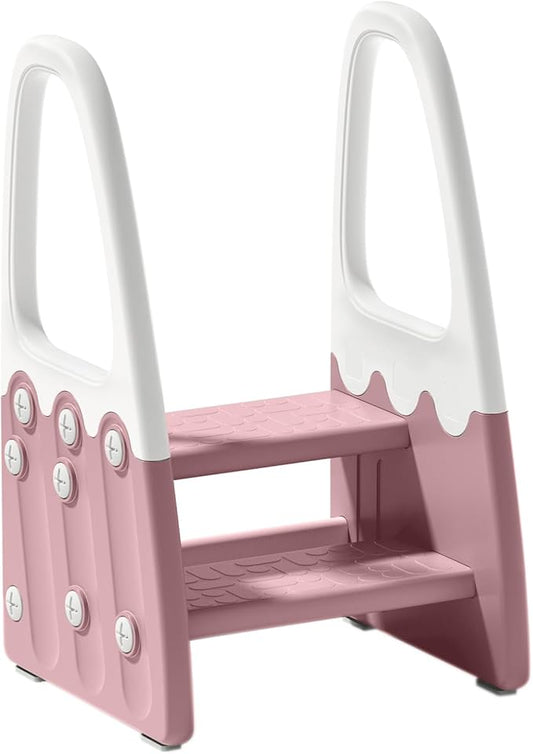 Two Step Stool with Handrails for Toddler and Kids, Standing Learning Stool Tower for Bathroom Sink, Potty Training, Children Step Up Learning Helper with Handles (Pink-White)