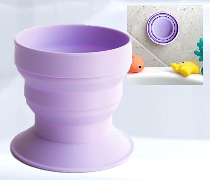 TubbyCup Baby Bath Rinse Cup, Collapsible & Convenient Space Saving Bath Cup with Suction Base, Sticks to Tub or Tile. Soft, Flexible, Makes Bath Time Safe & Fun. BPA-Free Non-Toxic Patented! (Purple)