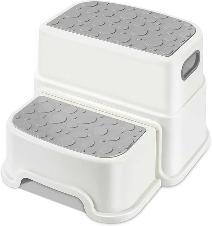 WELSPO 2 Step Stool for Kids, Toddler Step Stool for Bathroom, Kitchen, Bedroom, Living Room, Non-Slip Toddlers Toilet Potty Stool with Handles Baby Child Kid Plastic Poop Stools(Gray)
