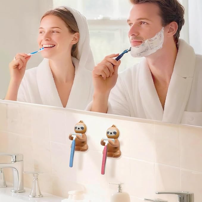 Cute Sloth Waterproof Self-Adhesive Shower Hook Set, Funny Sloth Razor Holder Bathroom Accessories for Men Women Sloth Lover, Sloth Lover Gifts for Women Men, Sloth Bathroom Decor