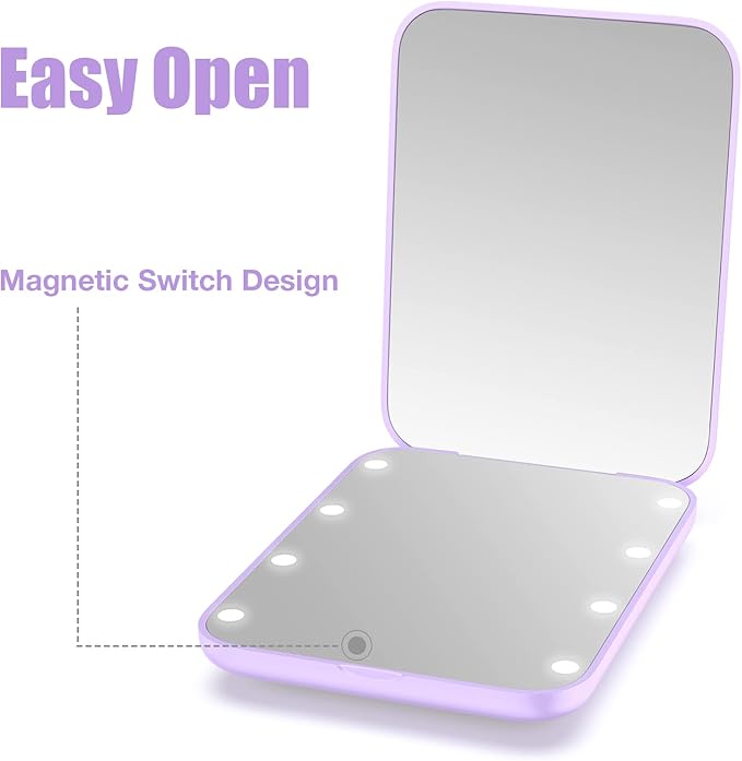 WOBSION Small Mirror with Lights,LED Compact Makeup Mirror,1x/3x Mini Travel Mirror with Magnification,Portable for Purse,Pocket,Gifts for Girls,Purple