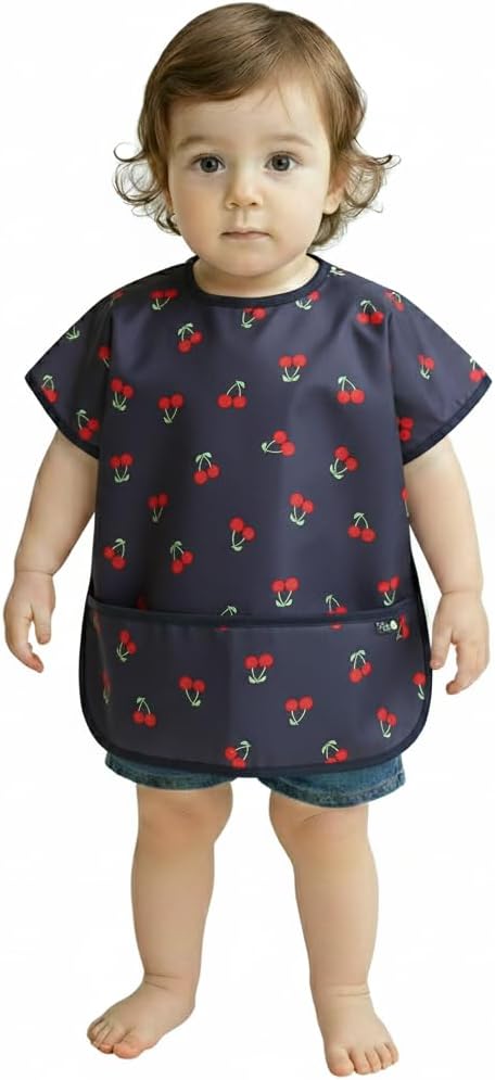 Short Sleeve Waterproof Bib for Toddlers – Easy Clean Feeding Apron for Mealtime, Daycare, Self-Feeding, Lightweight