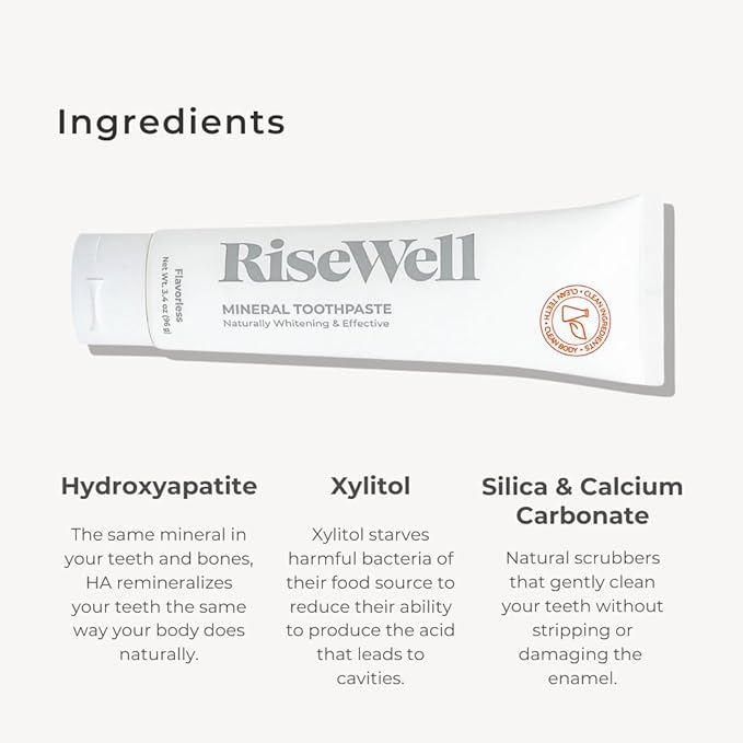 RiseWell Mineral Unflavored Toothpaste - Hydroxyapatite Flavorless Toothpaste - Made in The USA, Sensitive Teeth Whitening, No Added Fluoride, SLS-Free - Made by Dentists, 3.4 Oz (Pack of 2)