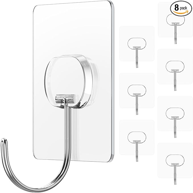 Large Adhesive Hooks for Hanging Heavy Duty Wall Hooks Self Adhesive Towel Coat Hooks Waterproof Transparent Hook for Bathroom Shower Kitchen Keys Door Outdoor Home Improvement Utility Hook 8 Pack