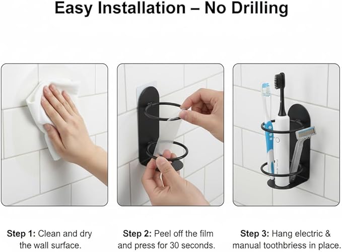 2 Pack Electric Toothbrush Holders No-Drill Adhesive, Wall Mounted Toothbrush Storage for Bathroom, Organizer for Electric & Manual Toothbrushes