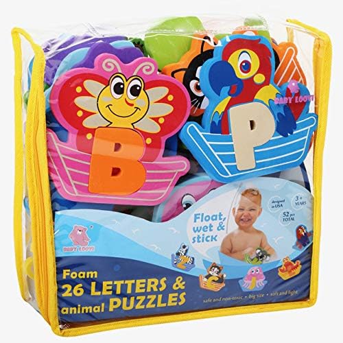 Bath Foam Alphabet Letters Toys - Non-Toxic Bathtub ABC Letters for Kids Toddlers - Premium Educational Floating Animals Puzzles with Toy Organizer for Baby Boys Girls - Set of 52 Pcs