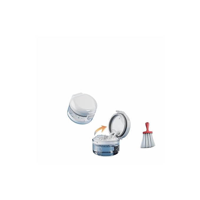 Leak-proof denture cup and travel case with mirror, brush, filter and tools. Multi-purpose denture cleaning kit with filter for denturesretainers and aligners