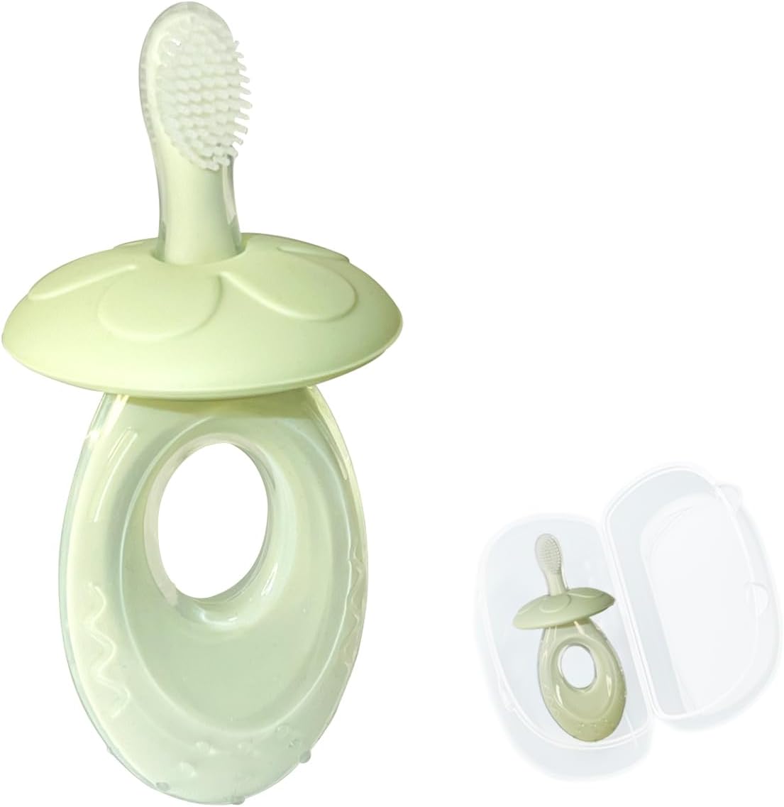 Baby Toothbrush & Teether for Infant and Toddler, Silicone Baby Oral and Tongue Cleaner, Ultra Soft Infant Training Toothbrush with Travel Case, Adjustable Safety Shield - Green