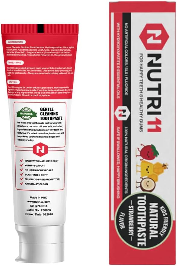 Nutri 11 Natural Kid's Toothpaste | Fluoride-Free & SLS-Free | Enamel Remineralization with Hydroxyapatite & Baking Soda | Sensitive Teeth Safe | Fresh Strawberry Flavor | 100g (Kids)