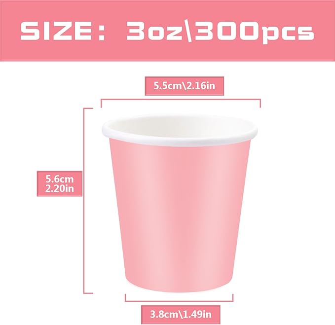 Paper Cups, 300 Pack of 3oz Pink Disposable Bathroom Cups, Ideal for Home, Travel, Party, Picnic and BBQ