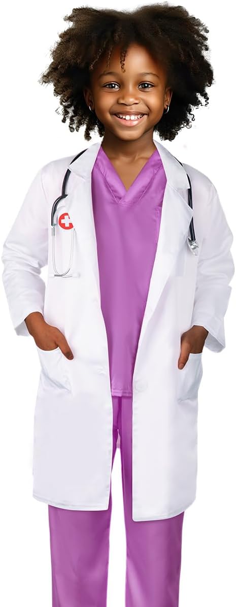 Meland Doctor Costume for Girls - Kids Scrubs with Lab Coat & Carry Bag, Doctor Dress Up for Halloween, Career Day Role Play