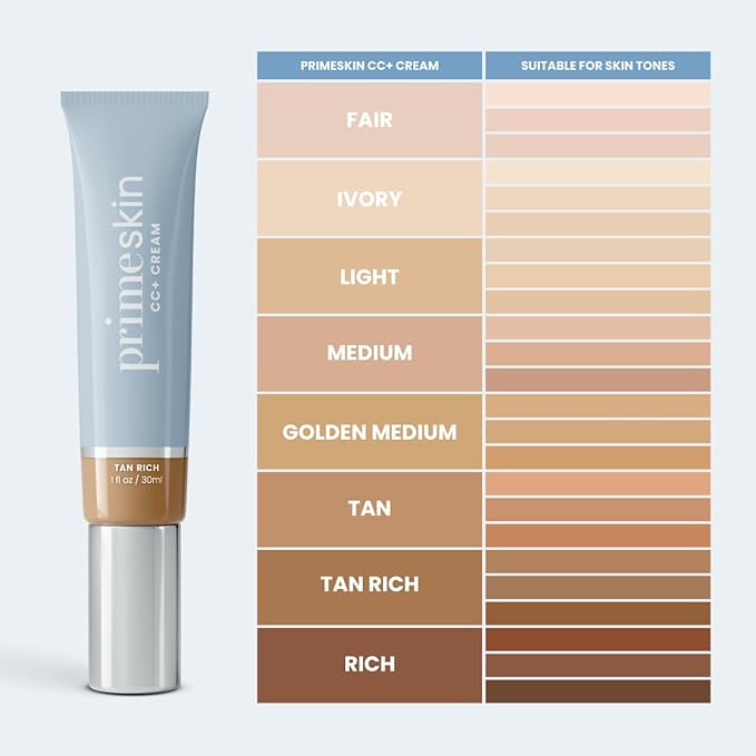 Prime Prometics PrimeSkin CC+ Cream for Mature Women – Liquid-to-Powder Foundation – Blurs Pores & Covers Age Spots – Crease-Free, Hydrating & Soft-Matte Finish for Sensitive Skin (Tan Rich)
