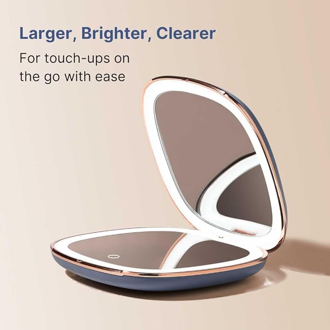 Fancii Mila 2 LED Lighted Compact Makeup Mirror, Rechargeable, 10x /1x Magnifying, Tru-Glow Light System, Vegan Leather, Small Travel Mirror for Purses (Harbor Blue)