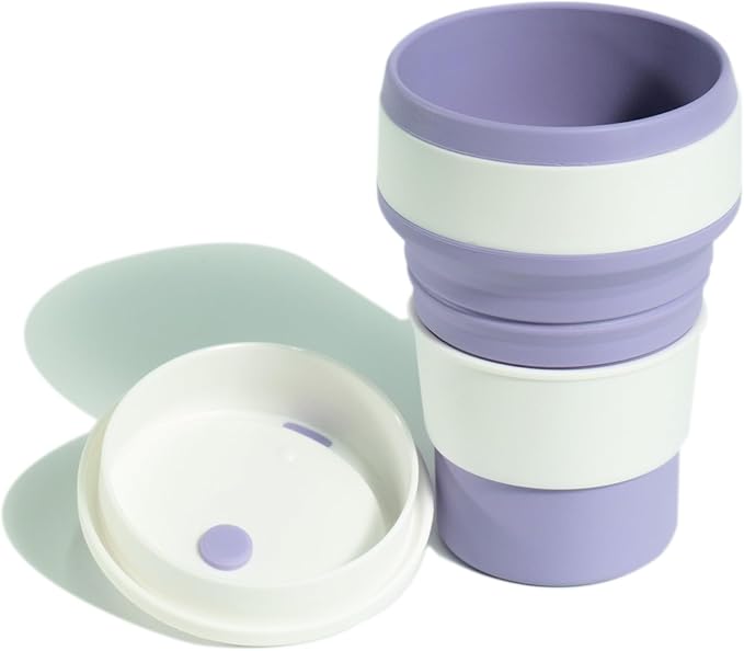 Collapsible Cup for Traveling, 12Oz Collapsible Silicone Travel Cup for Hot and Cold Drinks, Leak Proof Reusable Folding Travel Coffee Mug for Camping & Hiking, Purple