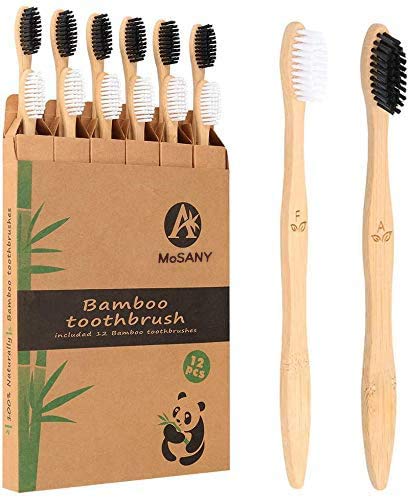 12 Pack Bamboo Toothbrushes, Biodegradable Bamboo Toothbrush, BPA Free Soft Bristles Toothbrushes, Eco-Friendly Compostable Natural Wooden Toothbrush, Organic Charcoal (Black + White)