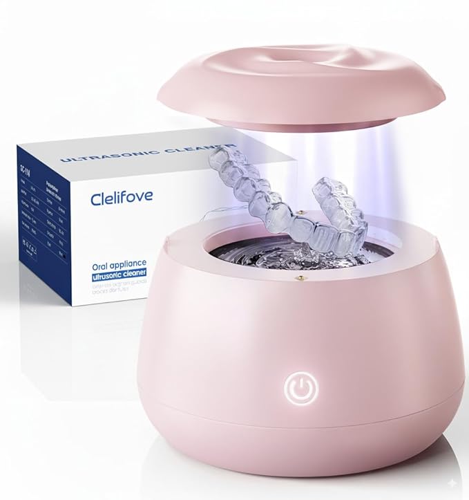 Ultrasonic Retainer Cleaner Machine 48kHz Denture and Aligner Cleaning Pod for Mouth Guards Night Guards Dental Trays Braces Toothbrushes Jewelry with 200ML Capacity (Pink)