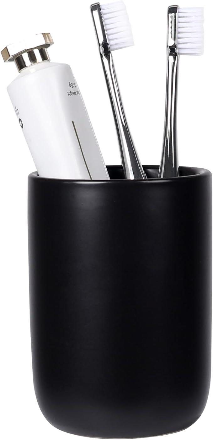 BosilunLife Ceramic Toothbrush Holder - 12oz Bathroom Toothbrush Holder Black Tooth Brush Holders Tumbler Cups Reusable Toothbrush Mouthwash Cup Small Toothbrush and Toothpaste Holder