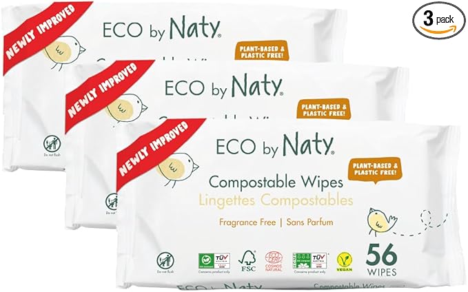 Eco by Naty Baby Wipes Unscented - 100% Compostable and Plant-Based Wipes, Good for Babies and Newborn Sensitive Skin (168 Count - 3 packs of 56)