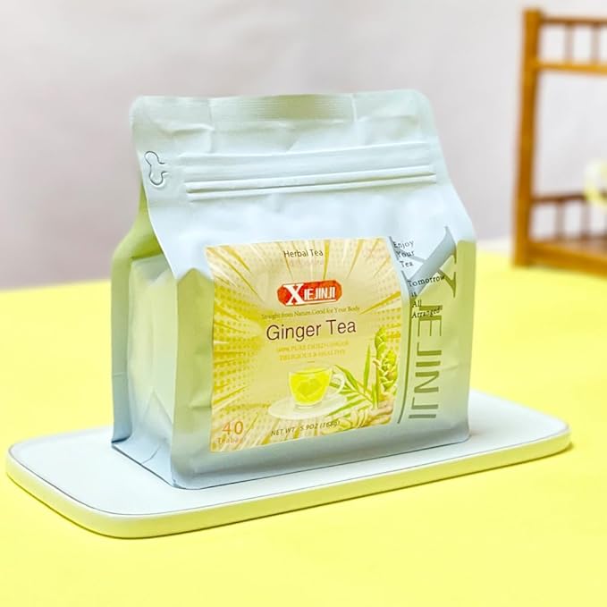 Ginger Tea Bags, 100% Pure Dry Ginger Root, 4.2gx40Count, Re-usable for Brew, Spicy Digestive Ease, Immune System Support Anytime, Eco-Conscious Tea Bags, Resealable Bag