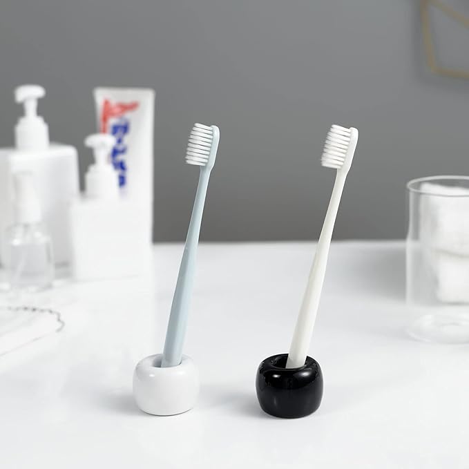 Mini Ceramic Couple Toothbrush Holder, Hand-Made Bathroom Toothbrush Holder, Electric Toothbrush Head Holder and Office Pen Holder 2-Piece Set (White)