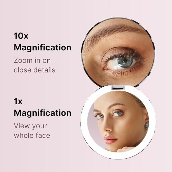 Fancii Taylor Compact Travel Makeup Mirror with Lights, 10x /1x Magnifying, Rechargeable, 3 Light Modes, Dimmable - Small Lighted Handheld Purse Mirror, Double Sided, for Gifts (Mellow Monochrome)